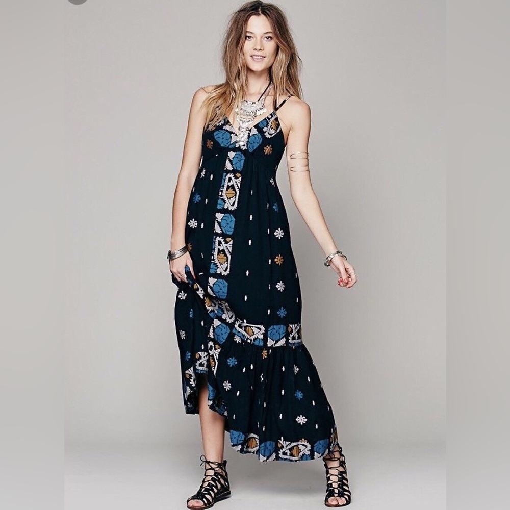 Free People Navy and Blue Patterned Maxi Dress